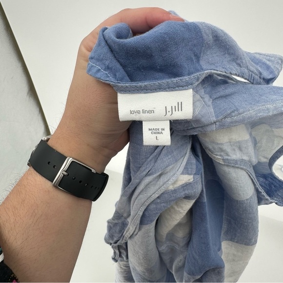 J. Jill Gingham Plaid Blue White Tie Waist Linen Dress Size Large - Picture 4 of 6